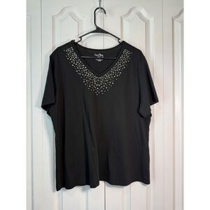 Coral Bay Woman 1X Black V-Neck Short Sleeve Top Embellished‎ Studded Beaded